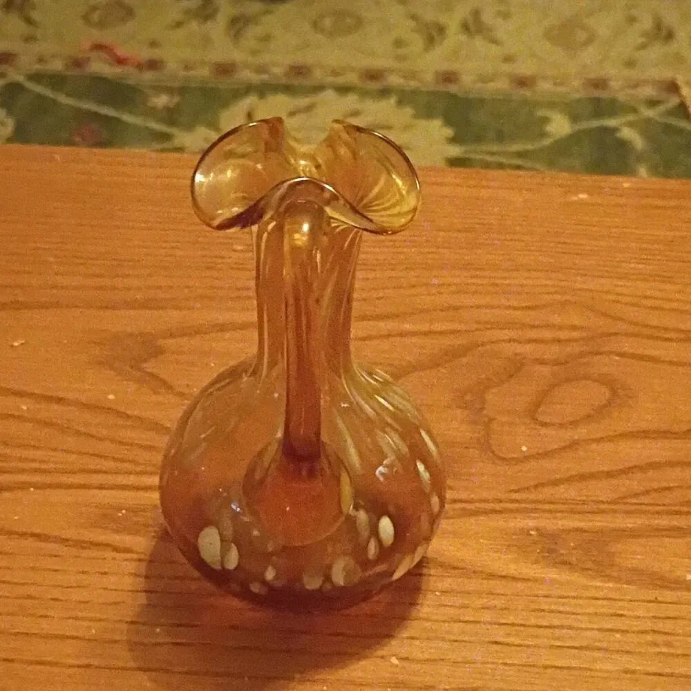 Amber White Hand Blown Art Glass Cruet Bulbous Spotted Pattern Glossy Finish